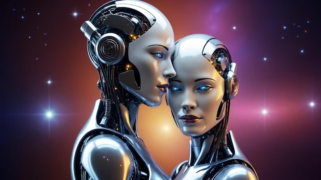 Due donne cyborg innamorate concetto d'amore lesbico