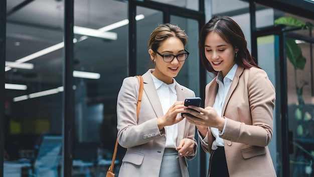 Due donne d'affari in piedi usando uno smartphone e discutendo davanti all'ufficio