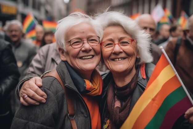 Due donne davanti a una bandiera arcobaleno