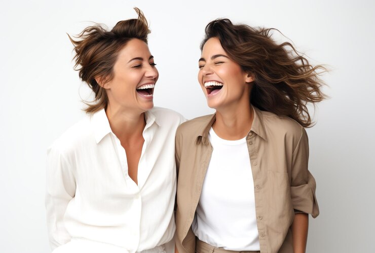 Due donne di buon umore sorridenti risate rinfrescate felici allegre su sfondo bianco Ai generativa