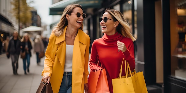 Due donne eleganti che si divertono a fare shopping in città, amiche spensierate con borse della spesa, moda e stile di vita, vivace scena urbana AI