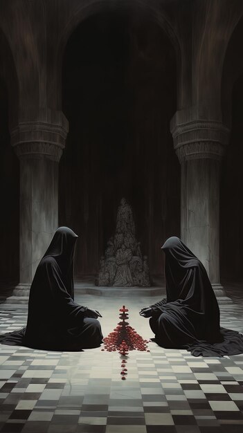 due donne in abiti neri sedute di fronte a una statua