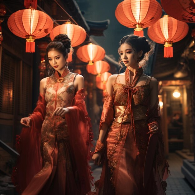 due donne in abiti rossi con lanterne rosse a sinistra.