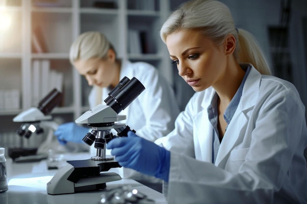 Due donne in camice da laboratorio guardano attraverso un microscopio.