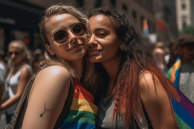 Due donne in camicie arcobaleno e camicie arcobaleno stanno in mezzo alla folla.