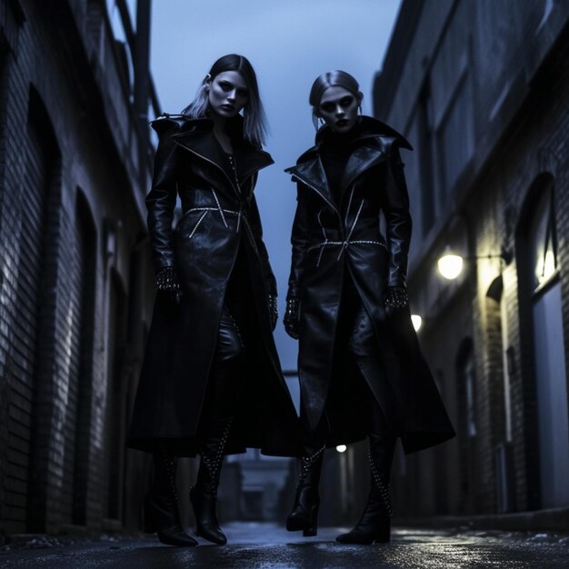 Due donne in cappotti di pelle nera in piedi in un vicolo buio generativo ai