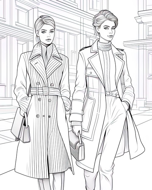 due donne in cappotto stanno camminando in fila con uno che indossa un lungo cappotto