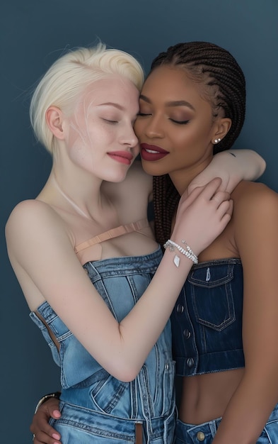 Due donne in denim che si abbracciano LGBT