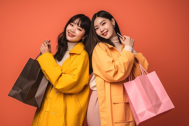 Due donne in piedi con le borse della spesa su uno sfondo arancione