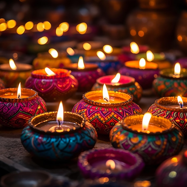 Due donne indiane accendono diya in occasione del Diwali noto anche come Festival delle Luci Decora