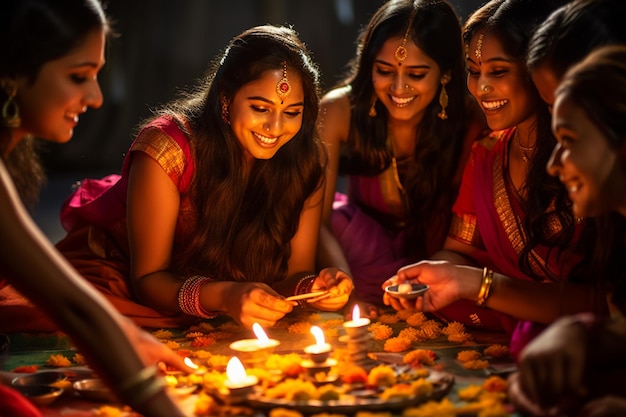 Due donne indiane accendono diya in occasione del Diwali noto anche come Festival delle Luci Decora