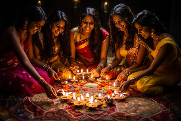 Due donne indiane accendono diya in occasione del Diwali noto anche come Festival delle Luci Decora