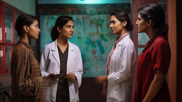 due donne indiane in piedi accanto al dottore e al dottore