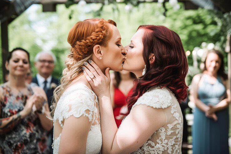 Due donne lesbiche in abiti da sposa che si baciano al loro matrimonio