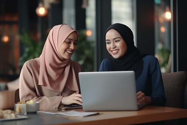 Due donne musulmane asiatiche che usano un portatile e un tablet per lavorare insieme in ufficio rispettano un