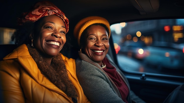 Due donne nere mature sorridono sul taxi