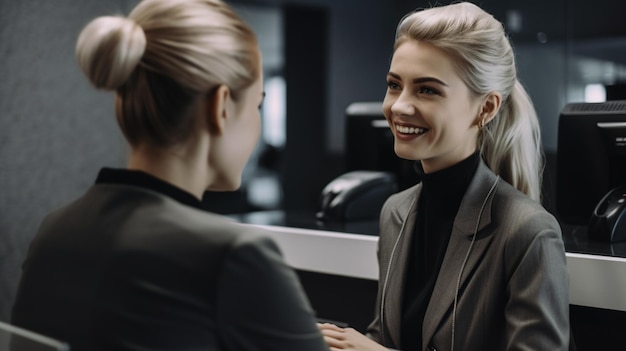 Due donne parlano in un atrio, una indossa un abito e l'altra indossa un dolcevita nero.