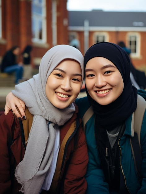 due donne posano per una foto con una che indossa una sciarpa.