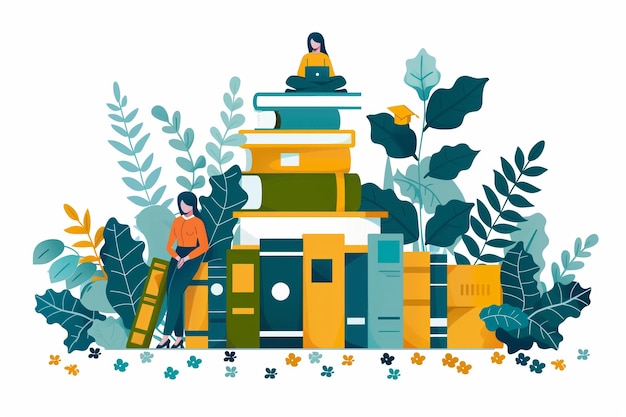 Due donne sedute su una pila di libri circondate da piante
