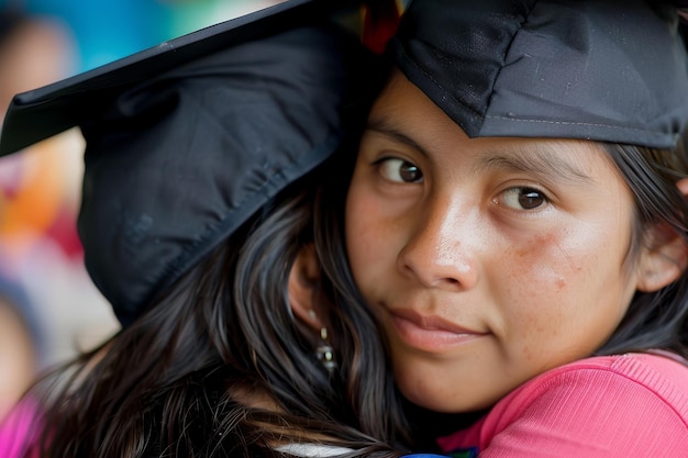 Due donne si abbracciano. Una di loro indossa un berretto nero da laurea.