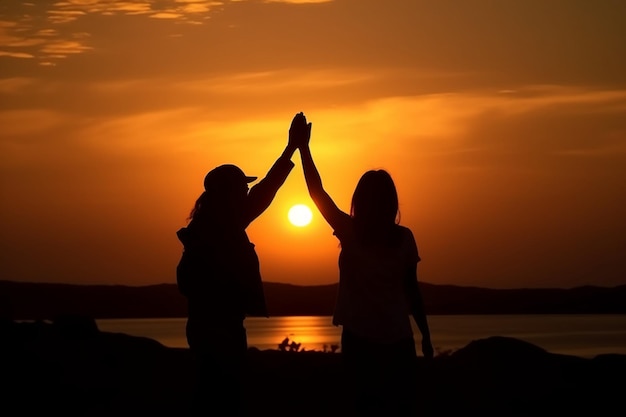 Due donne si danno il cinque davanti a un tramonto