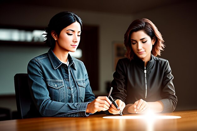Due donne siedono a un tavolo, una tiene in mano una penna e l'altra tiene in mano una penna.