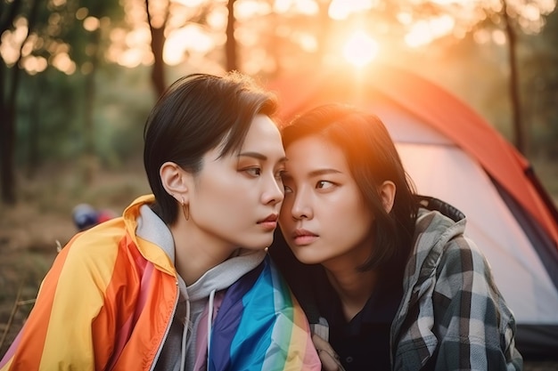 Due donne siedono davanti a una tenda, una di loro ha una coperta arcobaleno color arcobaleno.