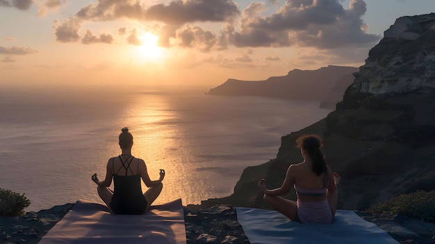 Due donne sono sedute su tappetini da yoga su una scogliera con vista sull'oceano Entrambe sono rivolte al tramonto e hanno gli occhi chiusi