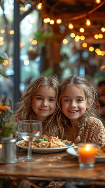 Due donne sorridenti che cenano in un caffè.