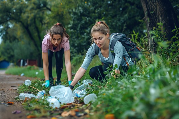 due donne stanno raccogliendo la spazzatura in una foresta