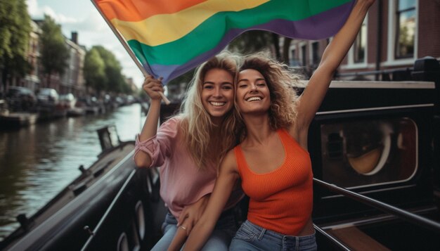 Due donne su una barca che tengono una bandiera arcobaleno