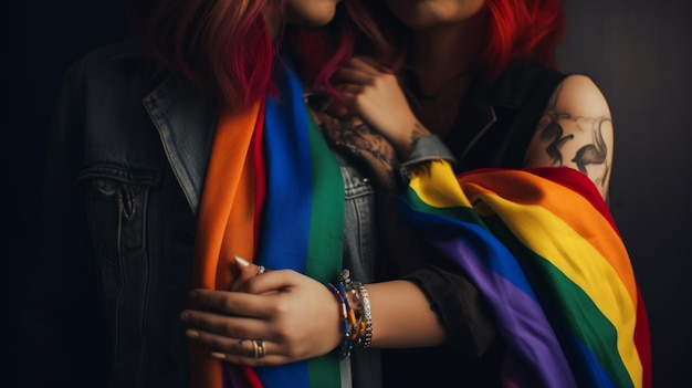 Due donne tengono una bandiera arcobaleno e la parola orgoglio su di loro.