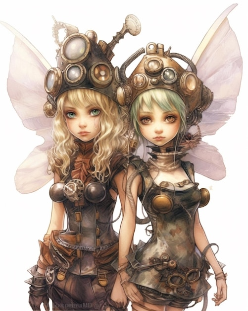 Due donne vestite con abiti steam punk e occhiali sono in piedi l'una accanto all'altra.