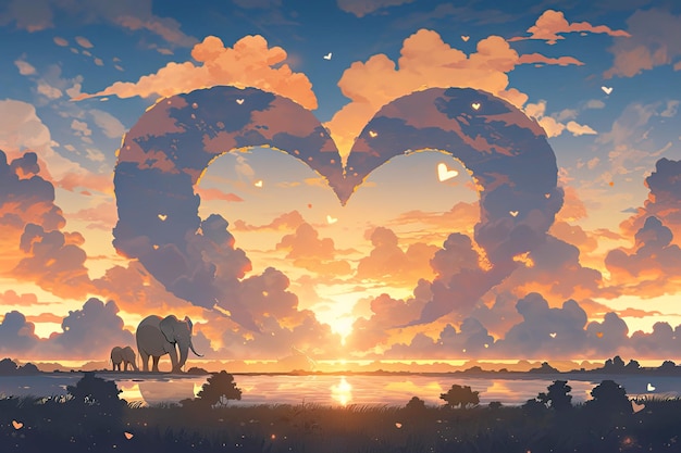 Due elefanti innamorati sullo sfondo di un cielo al tramonto con nuvole e cuori