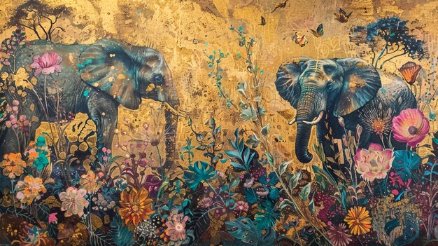 due elefanti sono dipinti su un muro con fiori e fiori