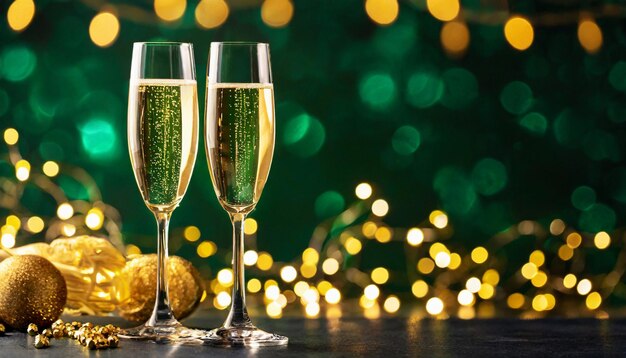 Due eleganti bicchieri di champagne o prosecco spumante su bokeh verde scuro