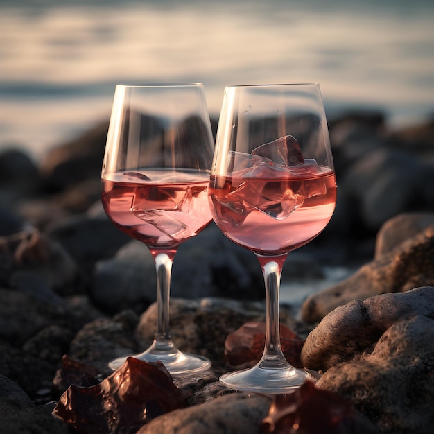 Due eleganti bicchieri di vino rosato freddo con ghiaccio sulla spiaggia sabbiosa in una giornata di sole primo piano Concetto di vacanza Calda estate in riva al mare Picnic romantico sulla spiaggia con champagne rosa ghiacciato AI