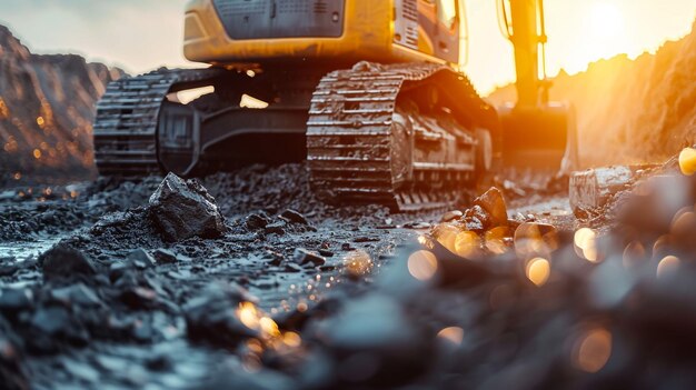 Due escavatori che scavano il suolo nel cantiere su un cielo di sfondo di raggi solari con sollevamento di secchi