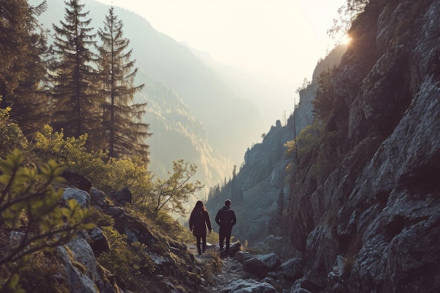 Due escursionisti camminano su un sentiero di montagna all'alba con cime boscose nebbiose sullo sfondo