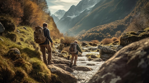 Due escursionisti che camminano in un ruscello di montagna