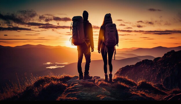 Due escursionisti si trovano su una montagna con il sole che tramonta dietro di loro.