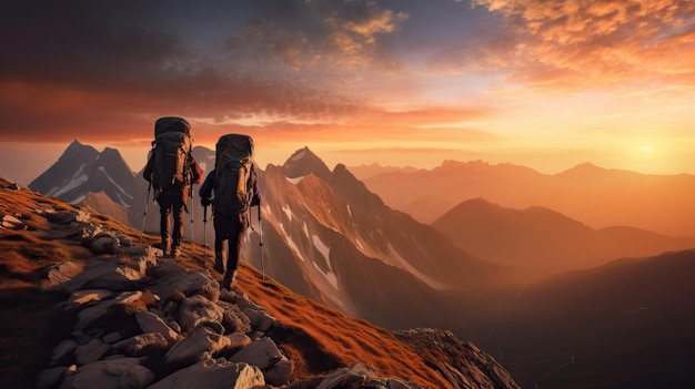 Due escursionisti su una cresta di montagna al tramonto