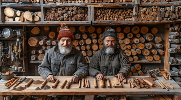 Due falegnami anziani lavorano con il legno nel laboratorio