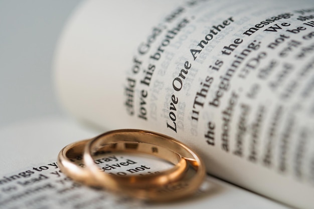 Due fedi nuziali dorate e pagine aperte della Sacra Bibbia rappresentano il concetto di matrimonio e l'amore tra due cristiani