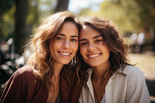 Due felici amiche latine di trent'anni che si divertono nel parco.