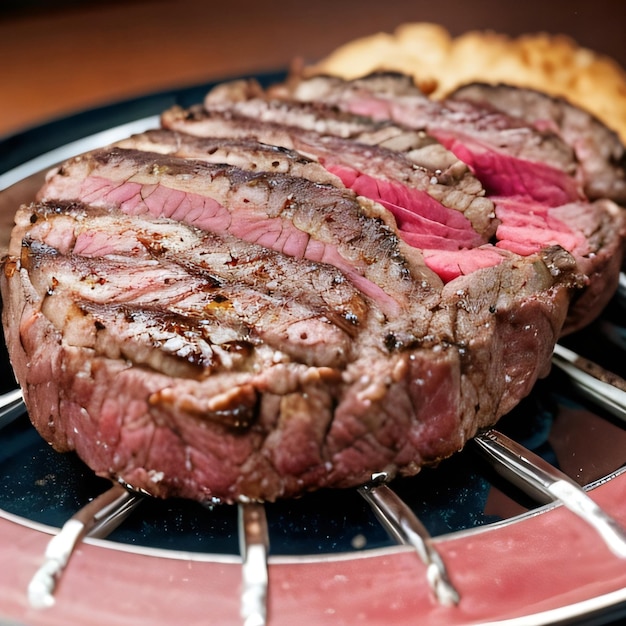 Due fette di carne sono su una griglia con un piatto rosso e bianco.