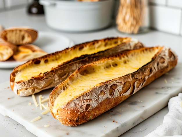 Due fette di pane con formaggio su una tavola da taglio di marmo