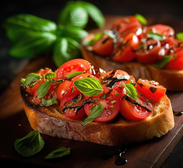 Due fette di pane ricoperte di pomodori e basilico