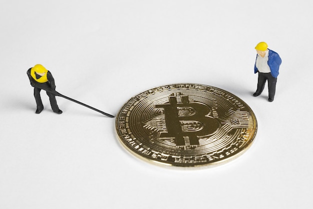 Due figure di minatori macro che lavorano su bitcoin. concetto di mining di criptovaluta virtuale