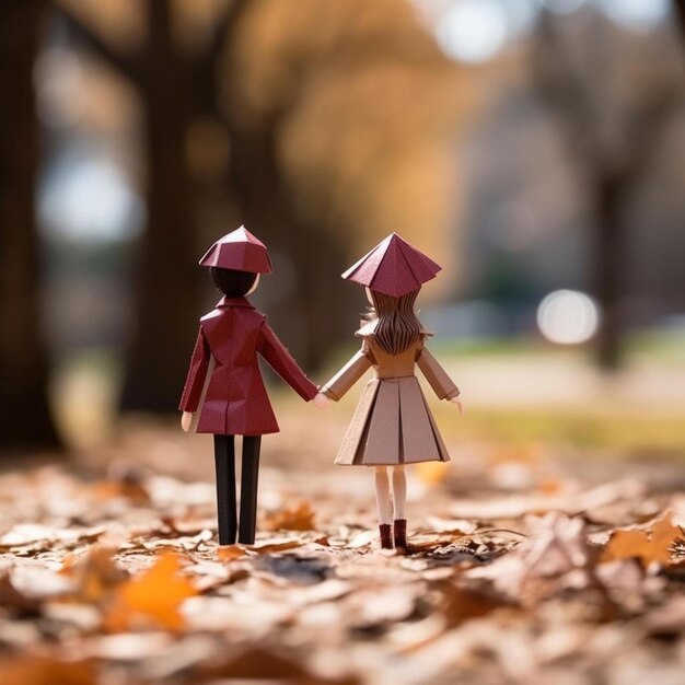 due figurine sono in piedi tra le foglie d'autunno.
